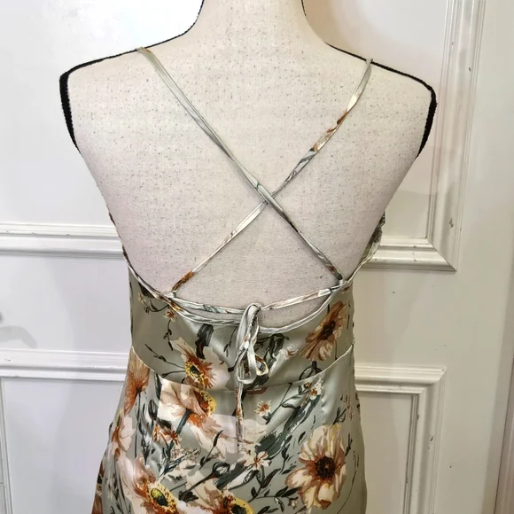 Cider Green Satin Multicolor Floral  Asymmetrical Midi Slip Dress,Medium,NWT - Picture 7 of 16